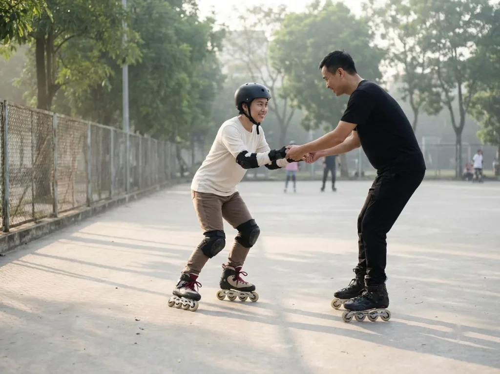 HLV đỡ tay người mới tập đi giày patin trên sân tại PATIN.VN